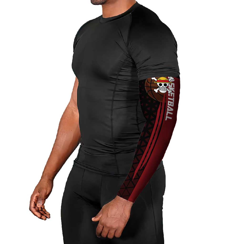 Luffy One Piece Basketball Theme Red and Black Design Arm Sleeves with Straw Hat Pirate Logo and Sports Pose - The Mazicc