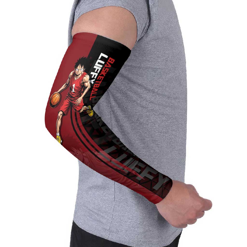 Luffy One Piece Basketball Theme Red and Black Design Arm Sleeves with Straw Hat Pirate Logo and Sports Pose - The Mazicc