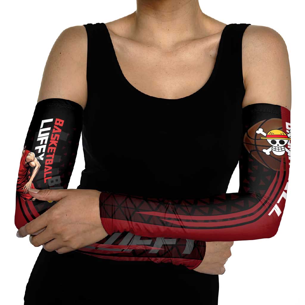 Luffy One Piece Basketball Theme Red and Black Design Arm Sleeves with Straw Hat Pirate Logo and Sports Pose - The Mazicc