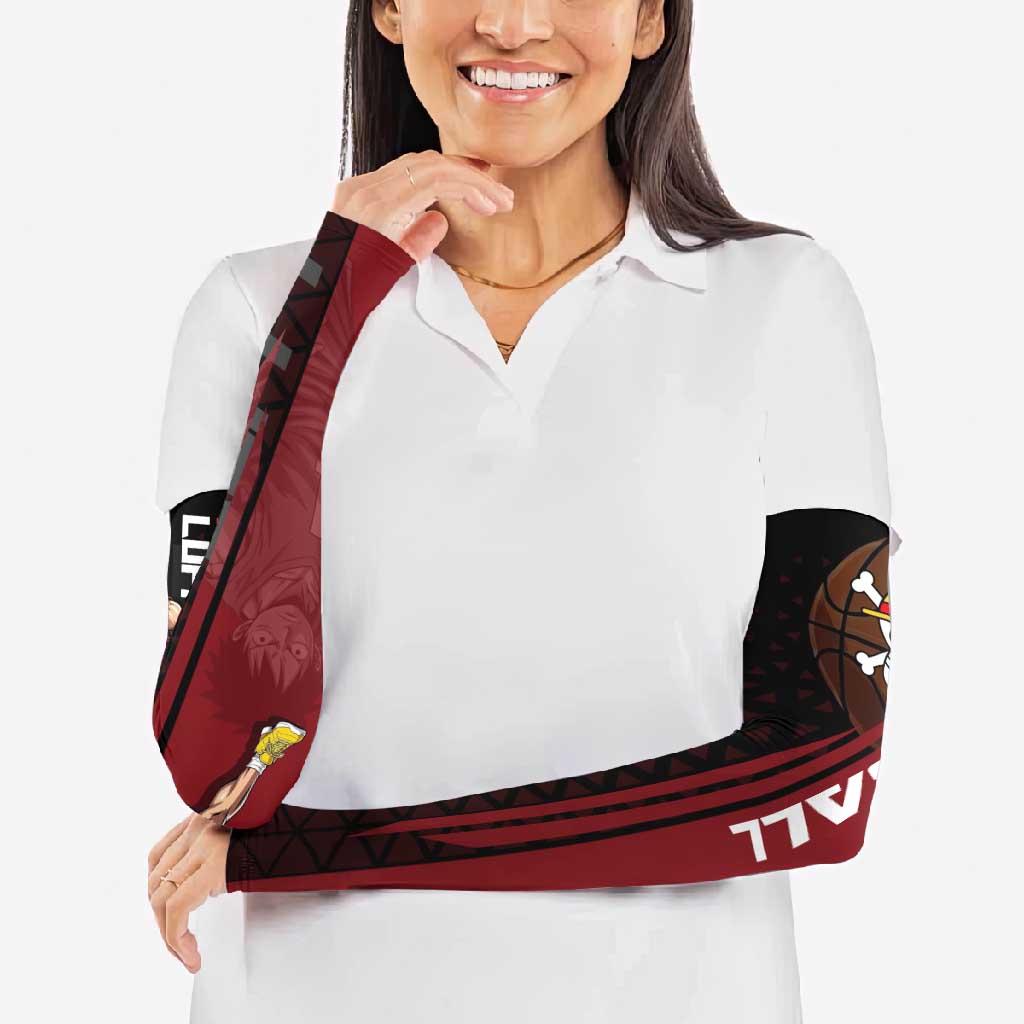 Luffy One Piece Basketball Theme Red and Black Design Arm Sleeves with Straw Hat Pirate Logo and Sports Pose - The Mazicc