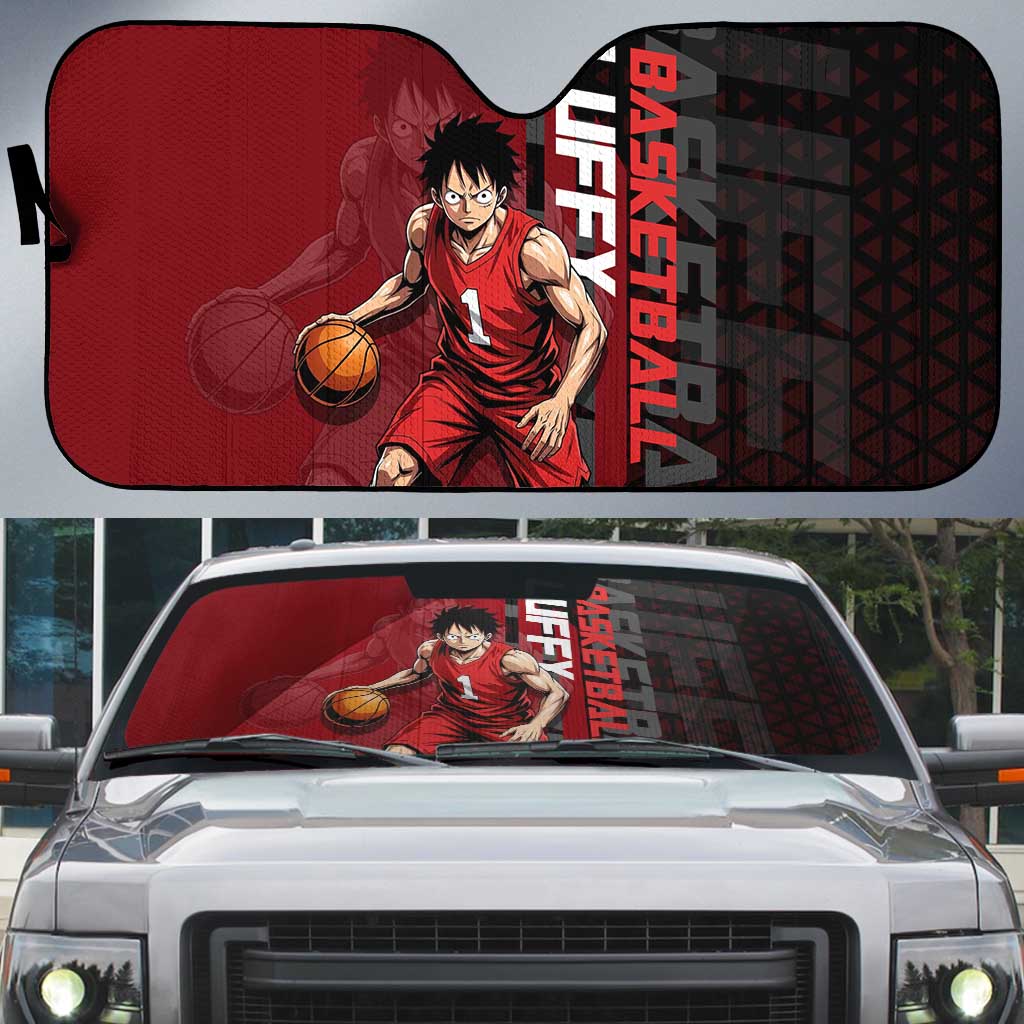 Luffy One Piece Basketball Theme Red and Black Design Auto Sun Shade with Straw Hat Pirate Logo and Sports Pose - The Mazicc