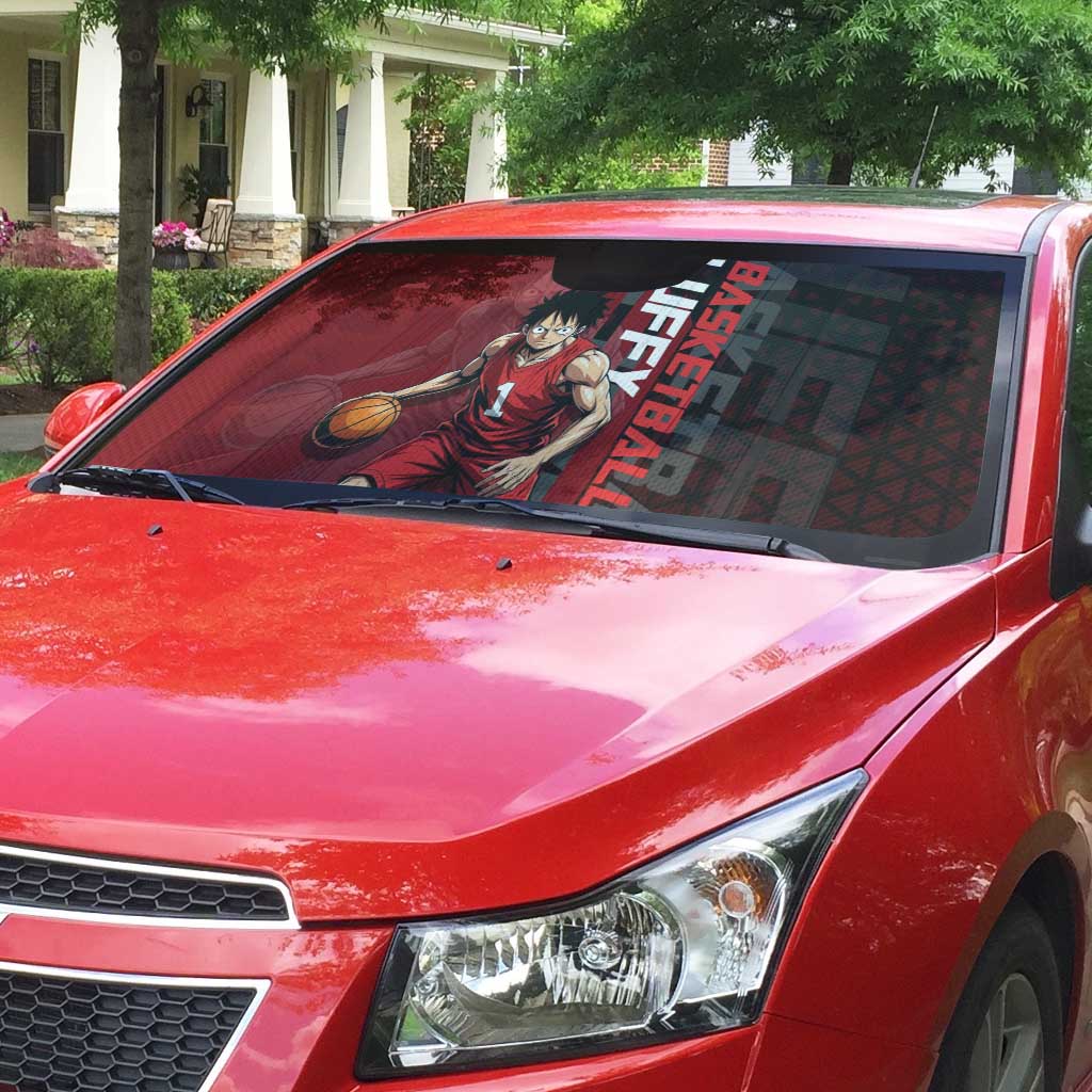 Luffy One Piece Basketball Theme Red and Black Design Auto Sun Shade with Straw Hat Pirate Logo and Sports Pose - The Mazicc