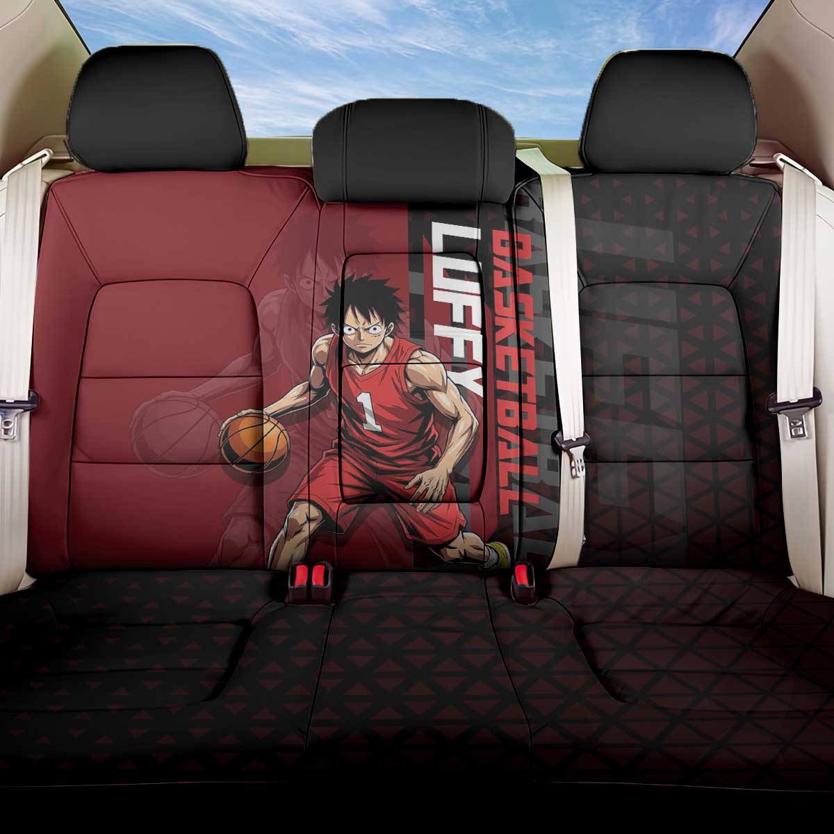 Luffy One Piece Basketball Theme Red and Black Design Back Car Seat Cover with Straw Hat Pirate Logo and Sports Pose - The Mazicc