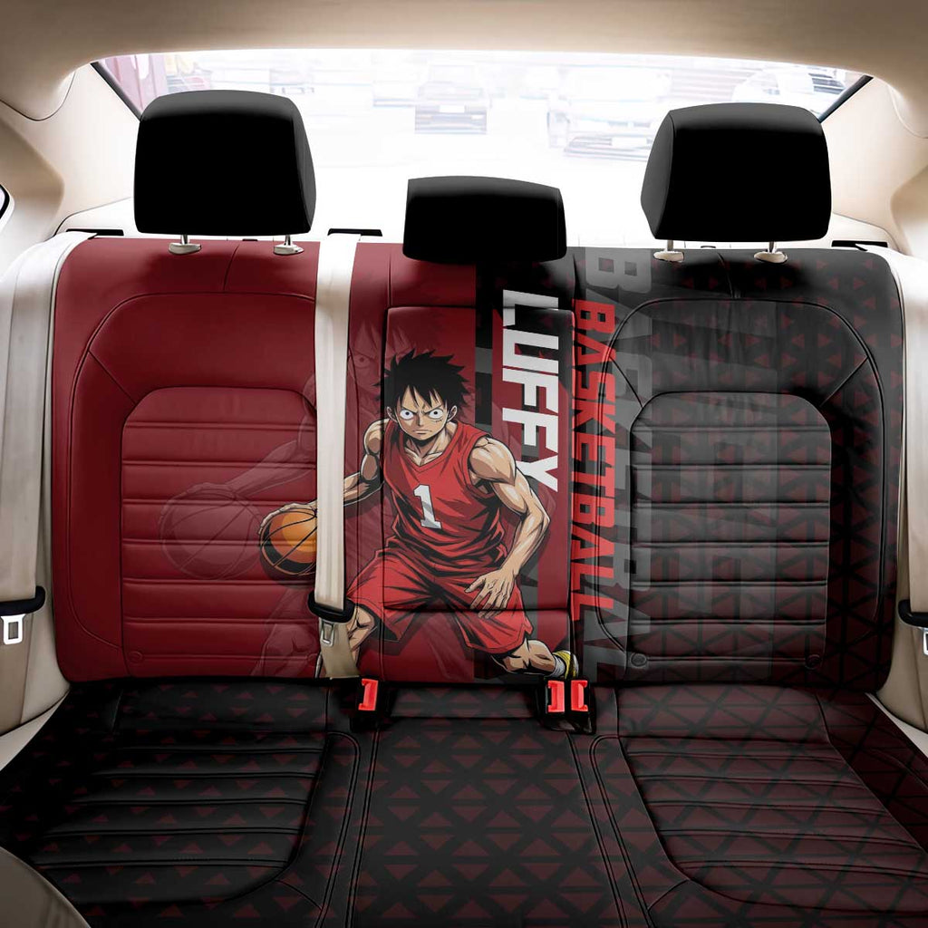 Luffy One Piece Basketball Theme Red and Black Design Back Car Seat Cover with Straw Hat Pirate Logo and Sports Pose - The Mazicc