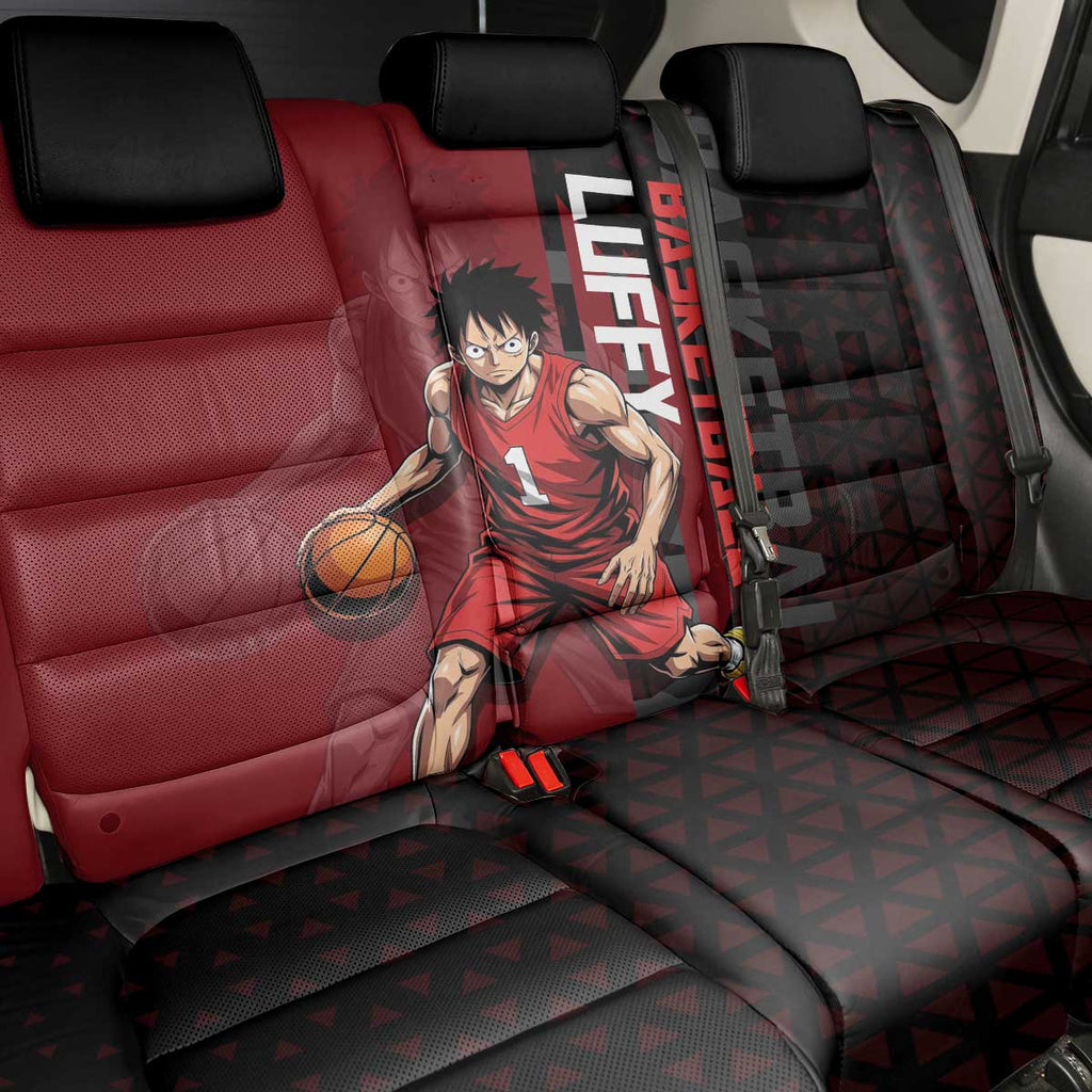 Luffy One Piece Basketball Theme Red and Black Design Back Car Seat Cover with Straw Hat Pirate Logo and Sports Pose - The Mazicc