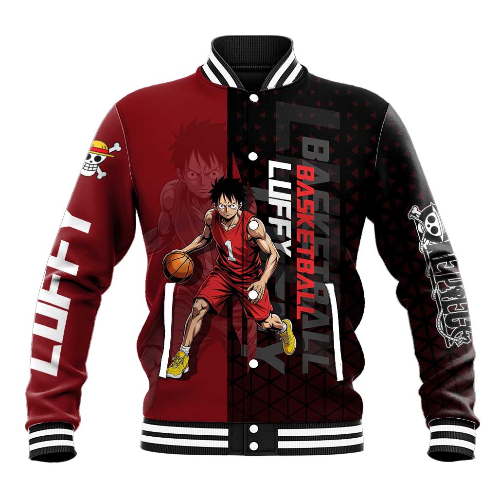Luffy One Piece Basketball Theme Red and Black Design Baseball Jacket with Straw Hat Pirate Logo and Sports Pose - The Mazicc