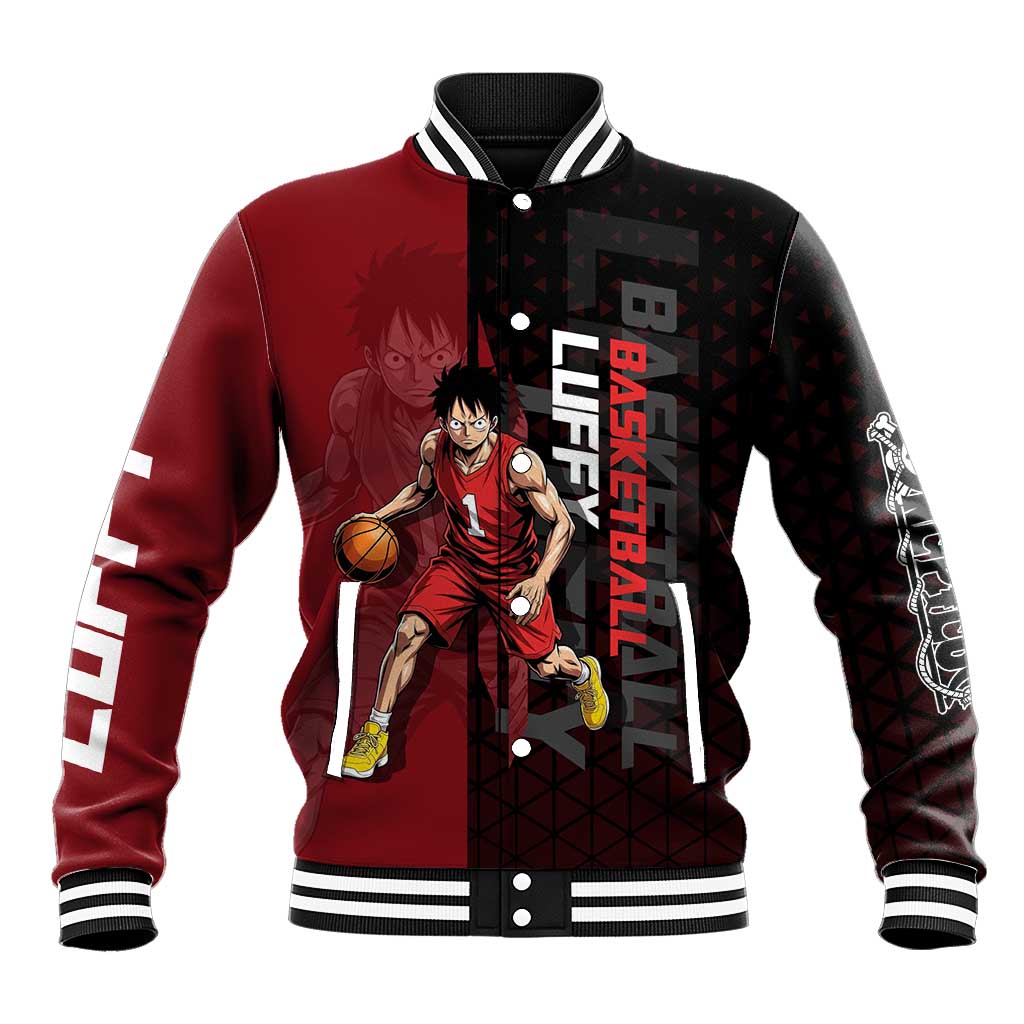 Luffy One Piece Basketball Theme Red and Black Design Baseball Jacket with Straw Hat Pirate Logo and Sports Pose - The Mazicc