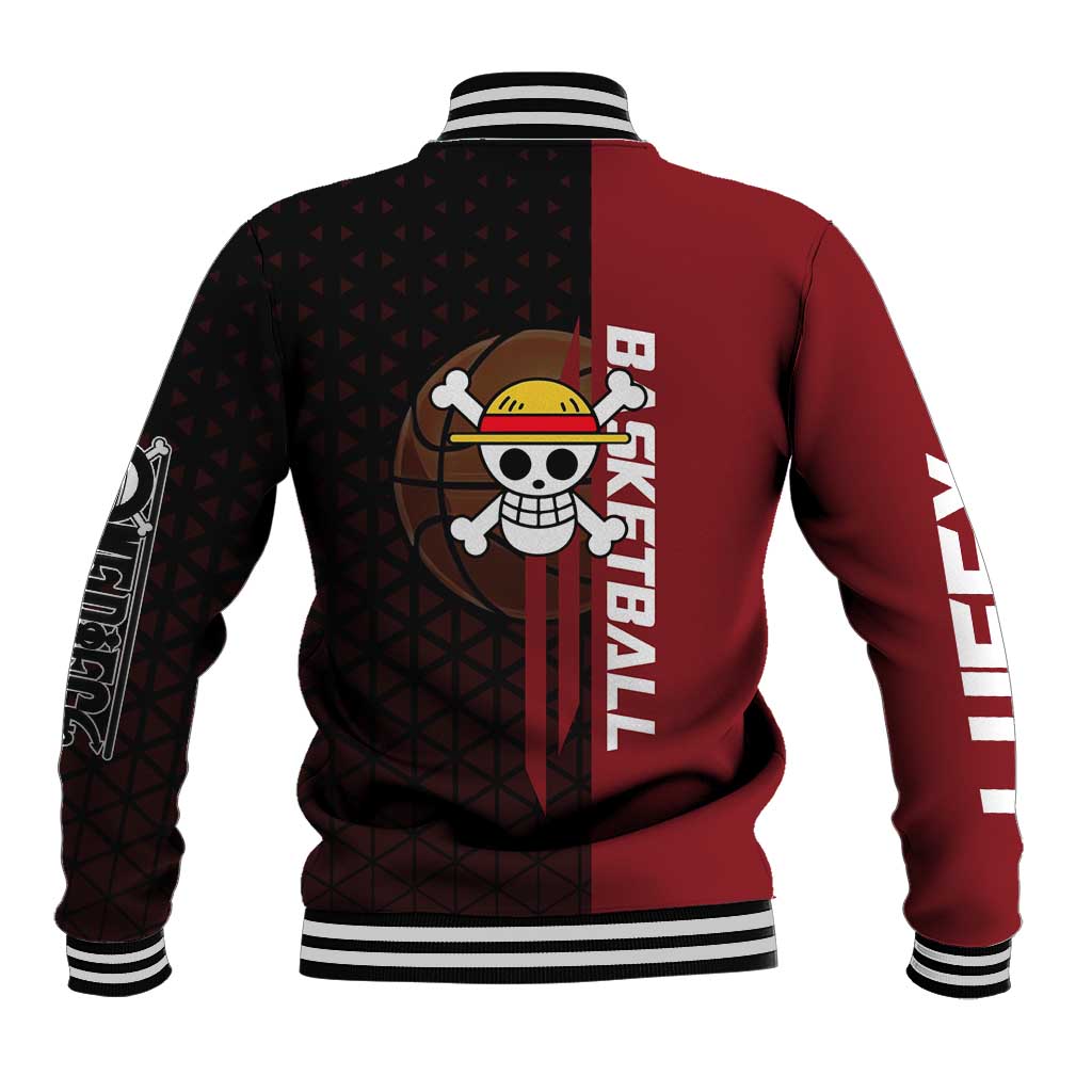 Luffy One Piece Basketball Theme Red and Black Design Baseball Jacket with Straw Hat Pirate Logo and Sports Pose - The Mazicc