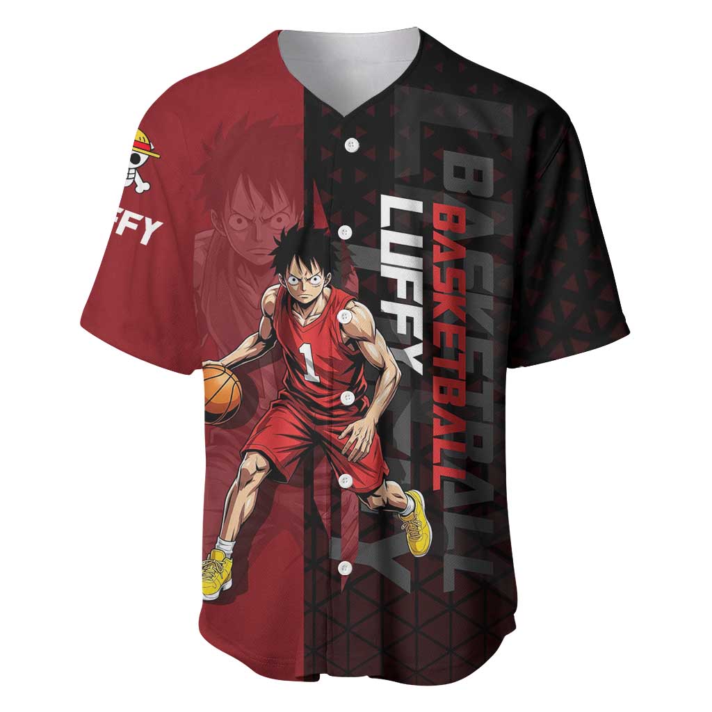 Luffy One Piece Basketball Theme Red and Black Design Baseball Jersey with Straw Hat Pirate Logo and Sports Pose - The Mazicc