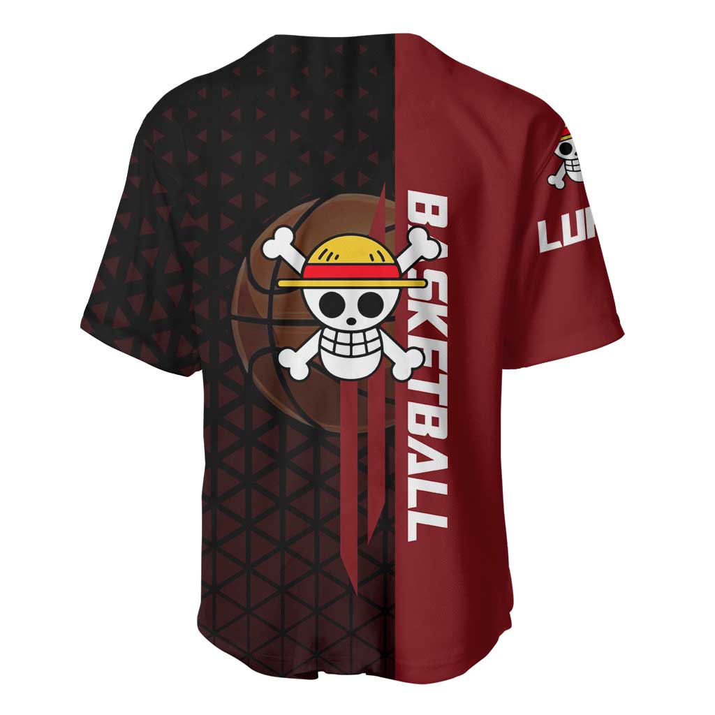Luffy One Piece Basketball Theme Red and Black Design Baseball Jersey with Straw Hat Pirate Logo and Sports Pose - The Mazicc