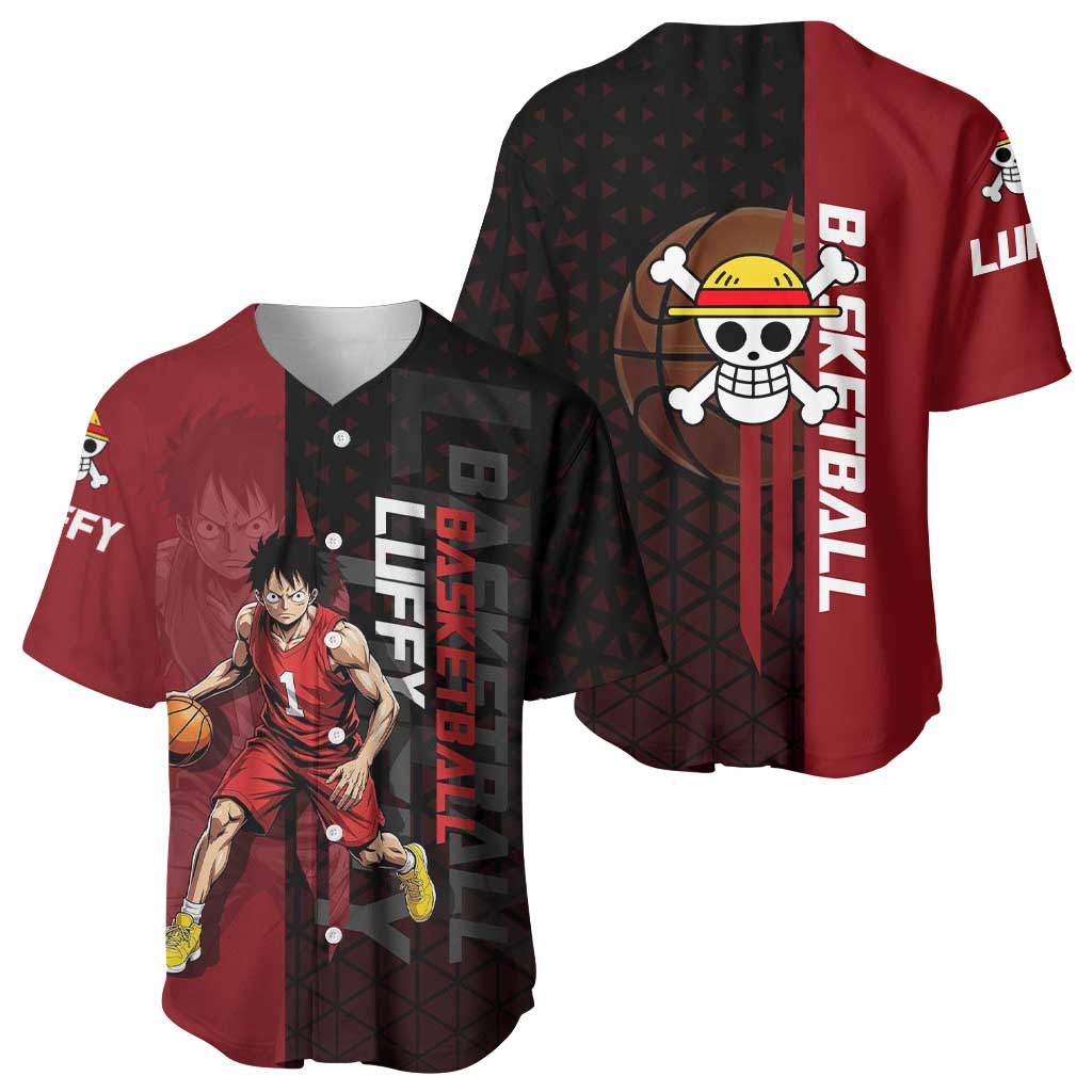 Luffy One Piece Basketball Theme Red and Black Design Baseball Jersey with Straw Hat Pirate Logo and Sports Pose - The Mazicc