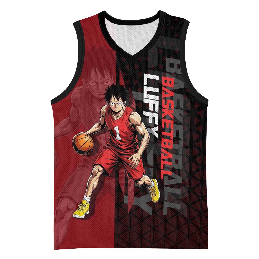 Luffy One Piece Basketball Theme Red and Black Design Basketball Jersey with Straw Hat Pirate Logo and Sports Pose - The Mazicc