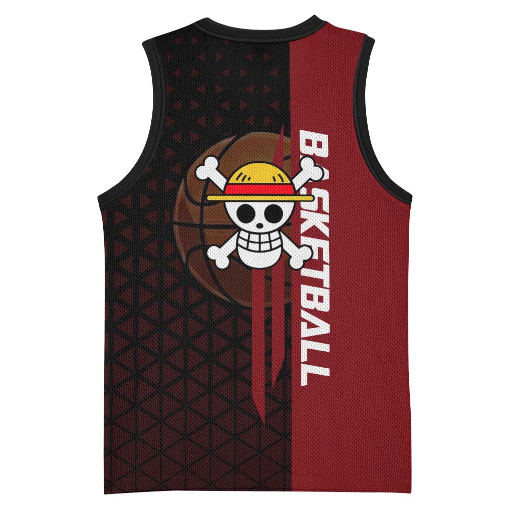 Luffy One Piece Basketball Theme Red and Black Design Basketball Jersey with Straw Hat Pirate Logo and Sports Pose - The Mazicc