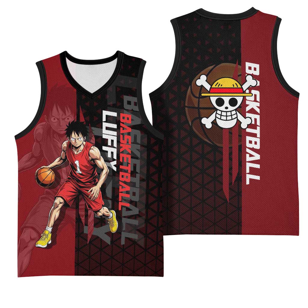 Luffy One Piece Basketball Theme Red and Black Design Basketball Jersey with Straw Hat Pirate Logo and Sports Pose - The Mazicc