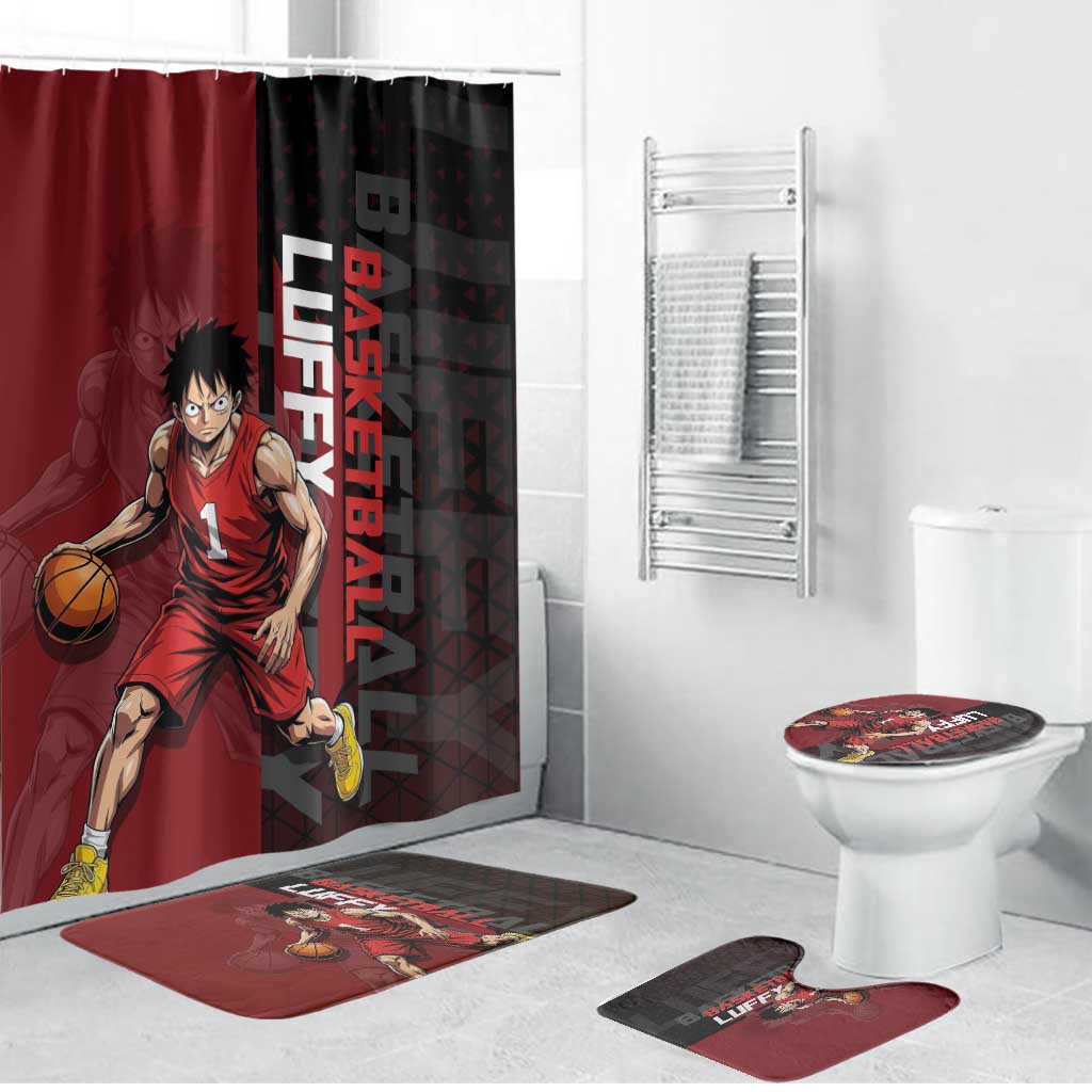 Luffy One Piece Basketball Theme Red and Black Design Bathroom Set with Straw Hat Pirate Logo and Sports Pose - The Mazicc