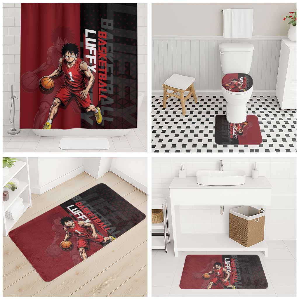 Luffy One Piece Basketball Theme Red and Black Design Bathroom Set with Straw Hat Pirate Logo and Sports Pose - The Mazicc