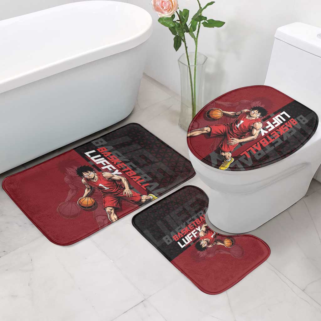 Luffy One Piece Basketball Theme Red and Black Design Bathroom Set with Straw Hat Pirate Logo and Sports Pose - The Mazicc