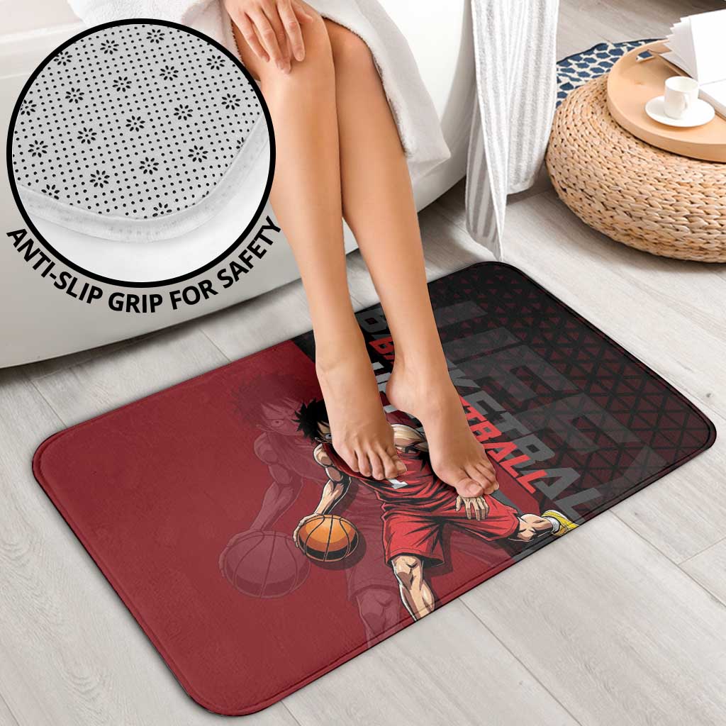 Luffy One Piece Basketball Theme Red and Black Design Bathroom Set with Straw Hat Pirate Logo and Sports Pose - The Mazicc