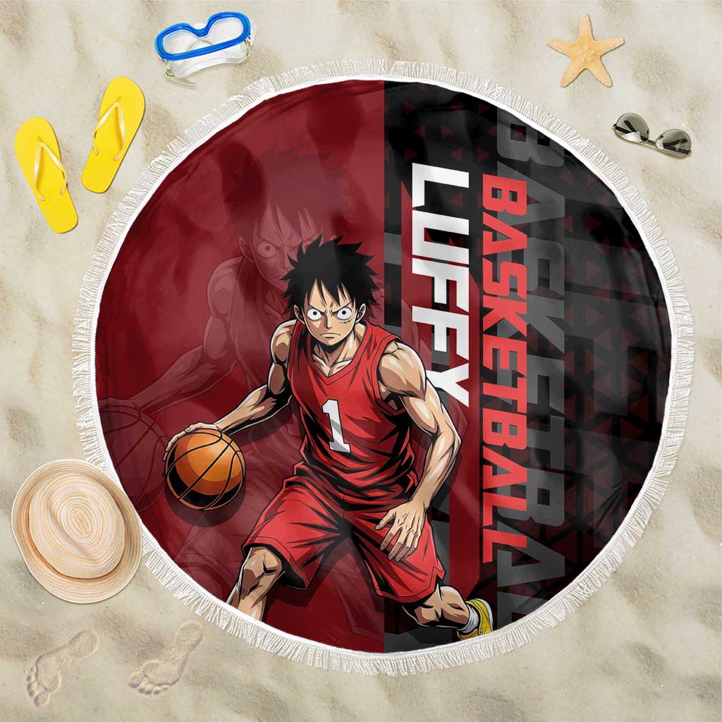 Luffy One Piece Basketball Theme Red and Black Design Beach Blanket with Straw Hat Pirate Logo and Sports Pose - The Mazicc