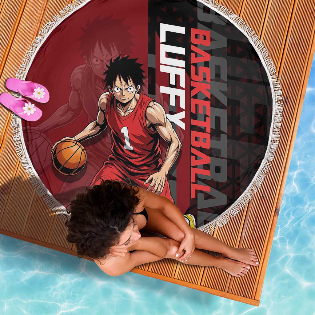 Luffy One Piece Basketball Theme Red and Black Design Beach Blanket with Straw Hat Pirate Logo and Sports Pose - The Mazicc