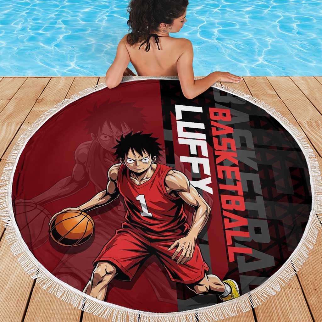 Luffy One Piece Basketball Theme Red and Black Design Beach Blanket with Straw Hat Pirate Logo and Sports Pose - The Mazicc