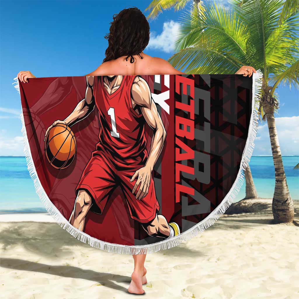 Luffy One Piece Basketball Theme Red and Black Design Beach Blanket with Straw Hat Pirate Logo and Sports Pose - The Mazicc