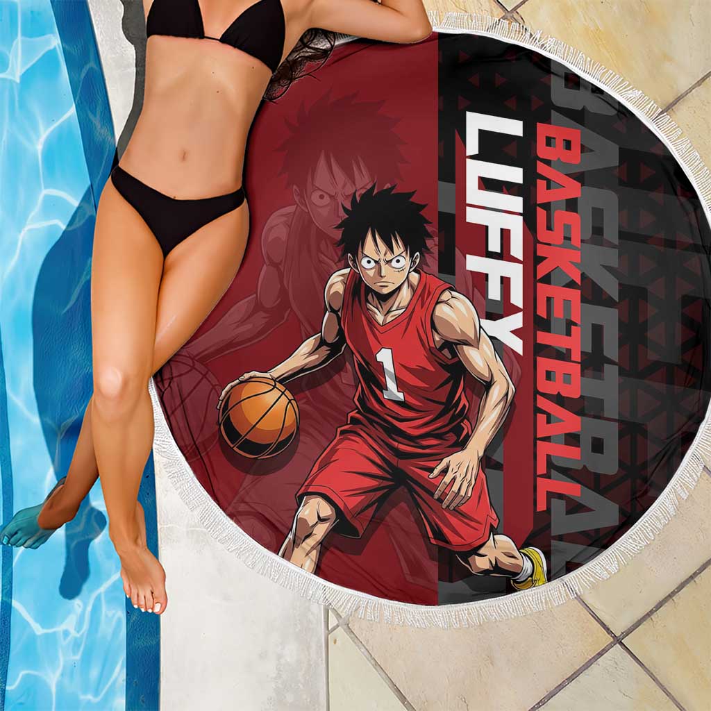 Luffy One Piece Basketball Theme Red and Black Design Beach Blanket with Straw Hat Pirate Logo and Sports Pose - The Mazicc