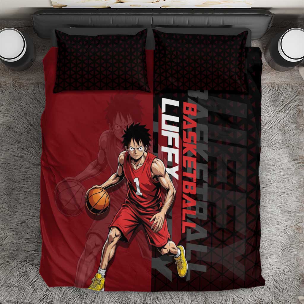 Luffy One Piece Basketball Theme Red and Black Design Bedding Set with Straw Hat Pirate Logo and Sports Pose - The Mazicc