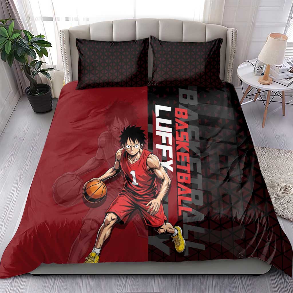 Luffy One Piece Basketball Theme Red and Black Design Bedding Set with Straw Hat Pirate Logo and Sports Pose - The Mazicc
