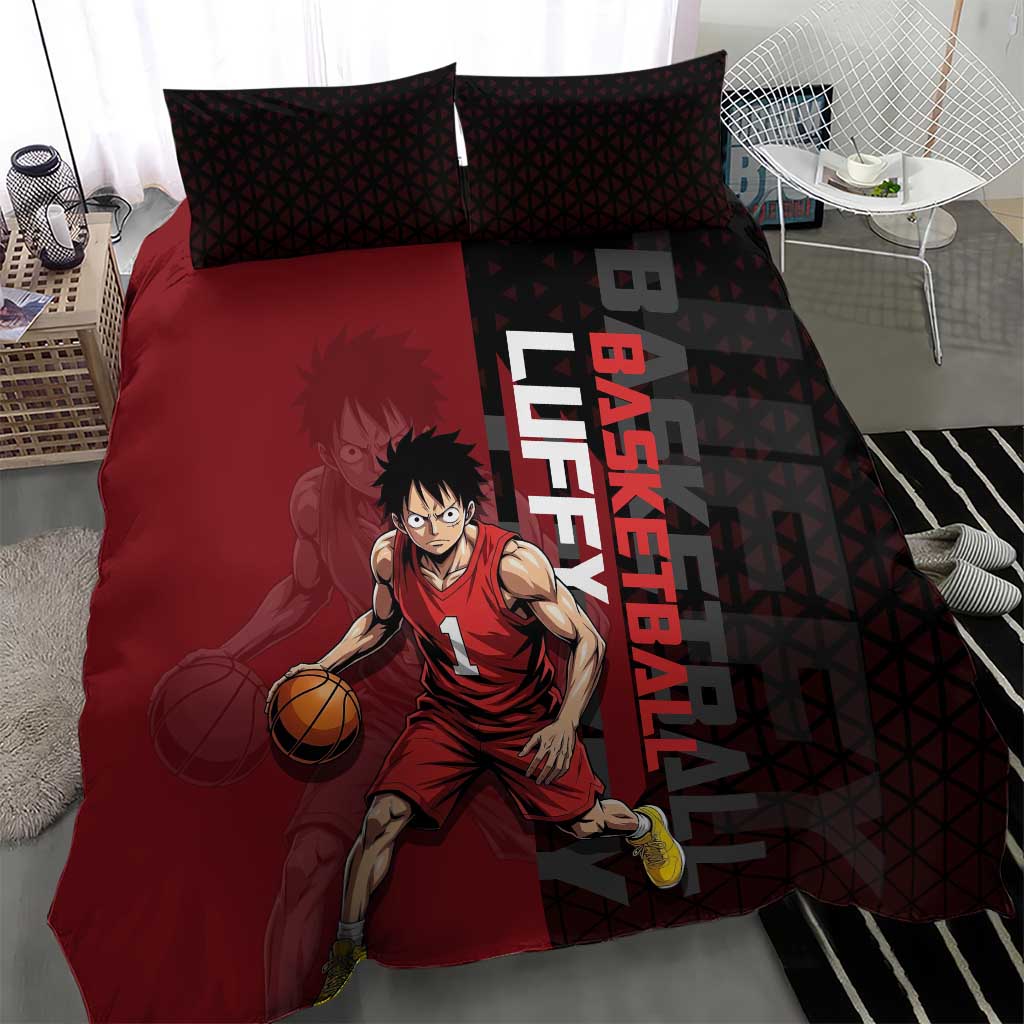Luffy One Piece Basketball Theme Red and Black Design Bedding Set with Straw Hat Pirate Logo and Sports Pose - The Mazicc