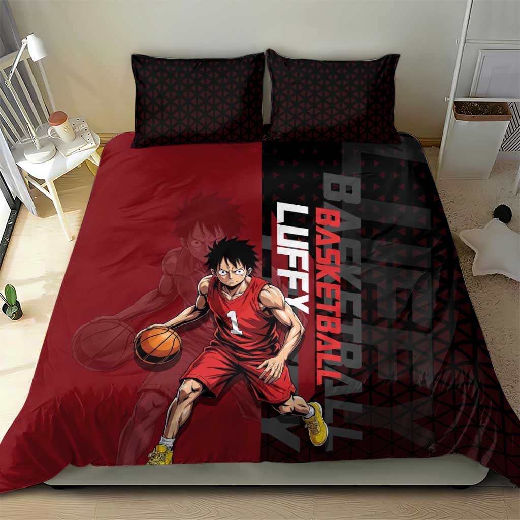 Luffy One Piece Basketball Theme Red and Black Design Bedding Set with Straw Hat Pirate Logo and Sports Pose - The Mazicc