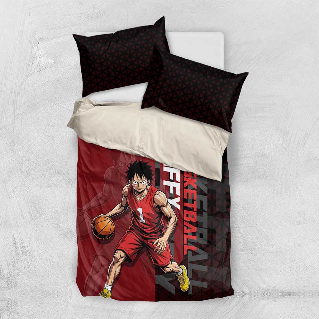 Luffy One Piece Basketball Theme Red and Black Design Bedding Set with Straw Hat Pirate Logo and Sports Pose - The Mazicc
