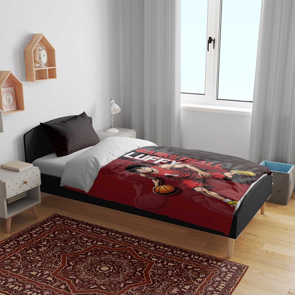 Luffy One Piece Basketball Theme Red and Black Design Bedding Set with Straw Hat Pirate Logo and Sports Pose - The Mazicc