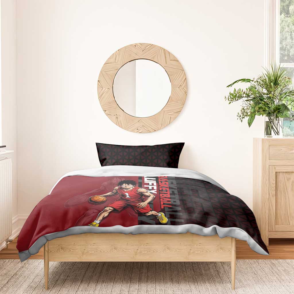 Luffy One Piece Basketball Theme Red and Black Design Bedding Set with Straw Hat Pirate Logo and Sports Pose - The Mazicc