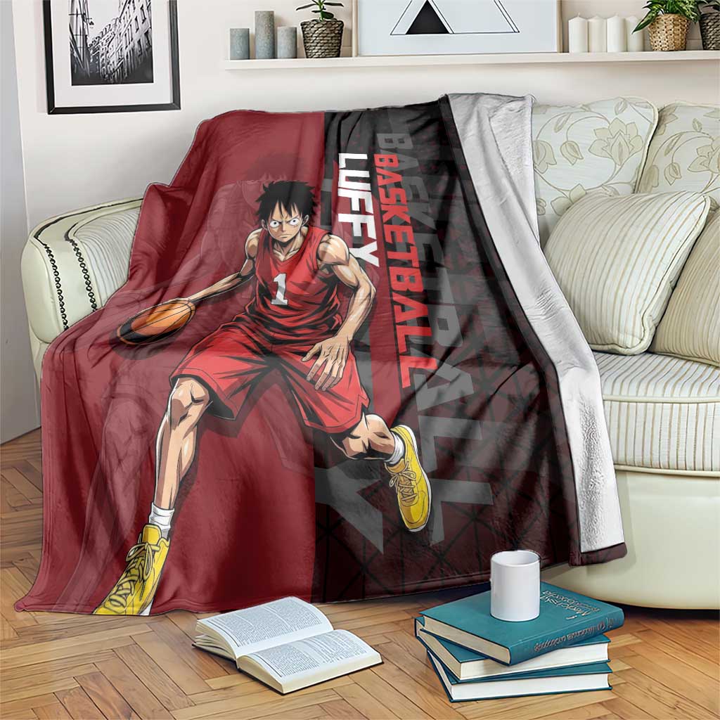 Luffy One Piece Basketball Theme Red and Black Design Blanket with Straw Hat Pirate Logo and Sports Pose - The Mazicc