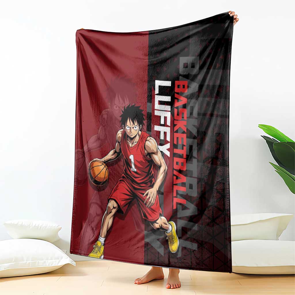 Luffy One Piece Basketball Theme Red and Black Design Blanket with Straw Hat Pirate Logo and Sports Pose - The Mazicc