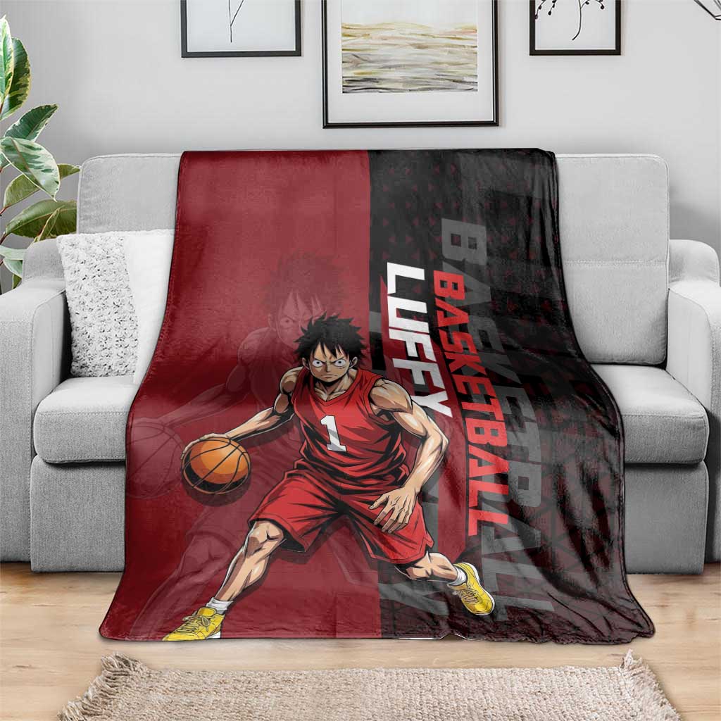 Luffy One Piece Basketball Theme Red and Black Design Blanket with Straw Hat Pirate Logo and Sports Pose - The Mazicc