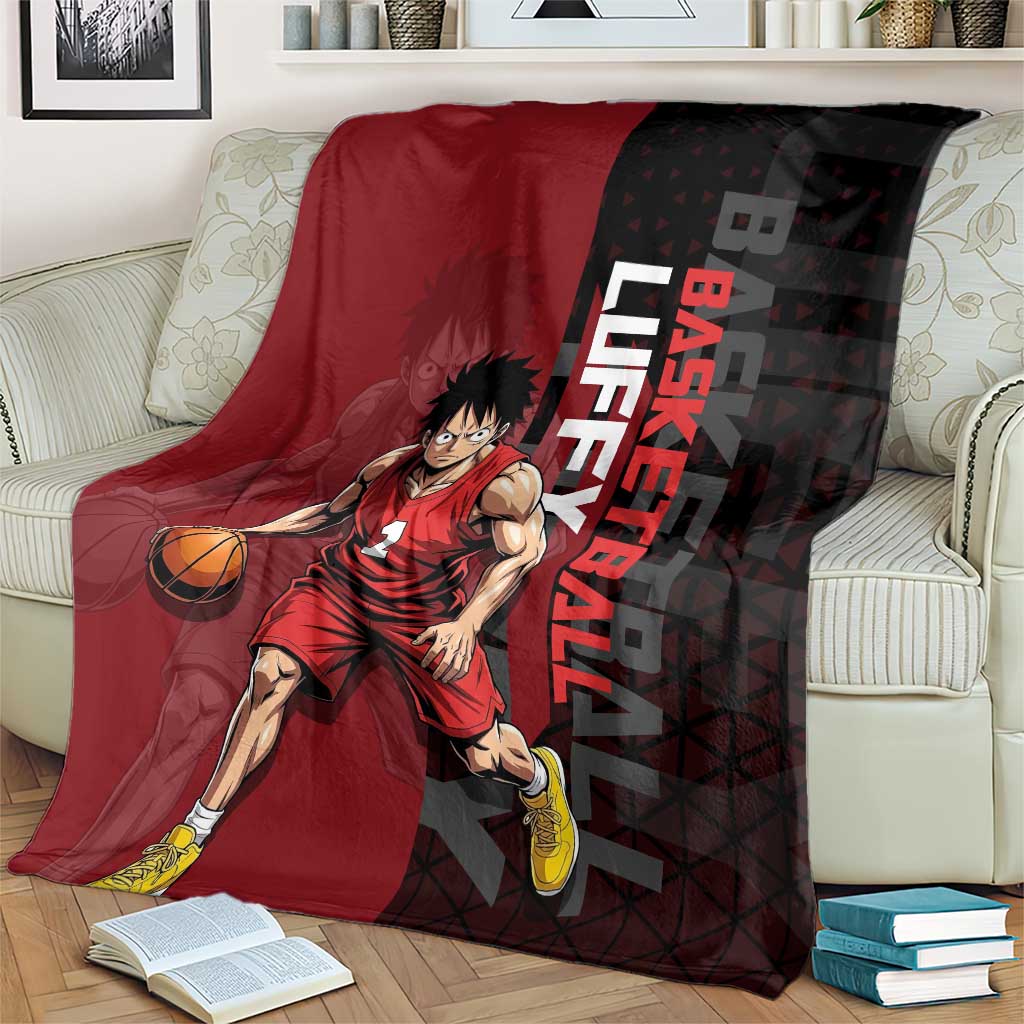 Luffy One Piece Basketball Theme Red and Black Design Blanket with Straw Hat Pirate Logo and Sports Pose - The Mazicc