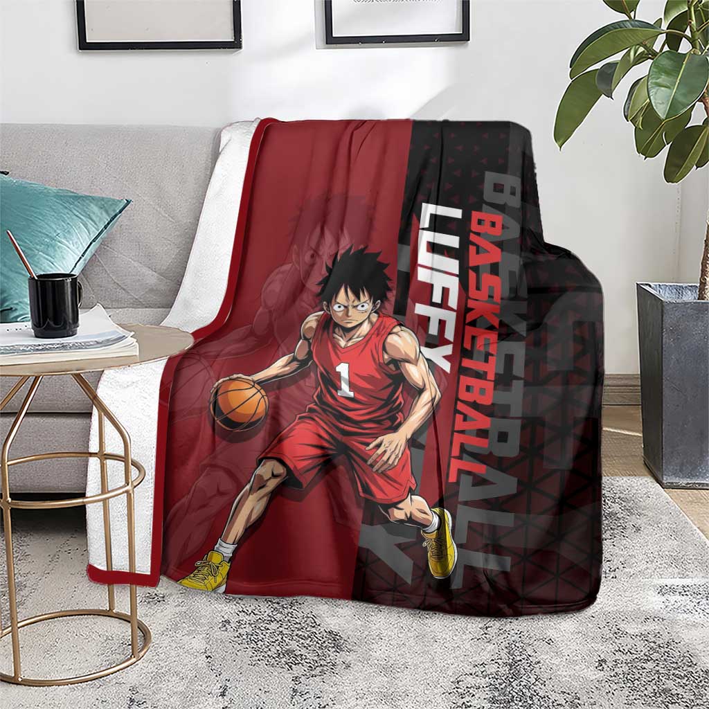 Luffy One Piece Basketball Theme Red and Black Design Blanket with Straw Hat Pirate Logo and Sports Pose - The Mazicc