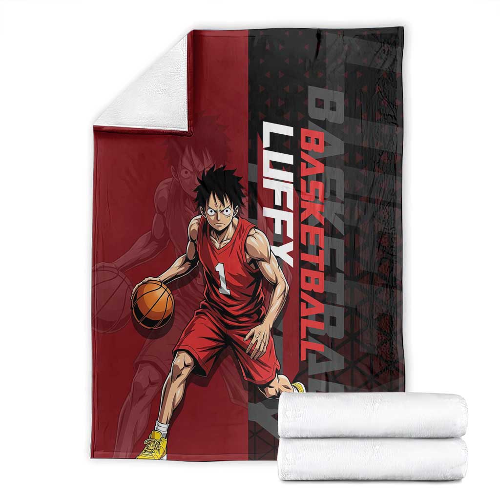 Luffy One Piece Basketball Theme Red and Black Design Blanket with Straw Hat Pirate Logo and Sports Pose - The Mazicc
