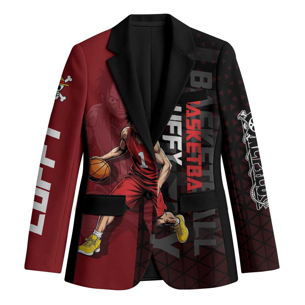 Luffy One Piece Basketball Theme Red and Black Design Blazer with Straw Hat Pirate Logo and Sports Pose - The Mazicc