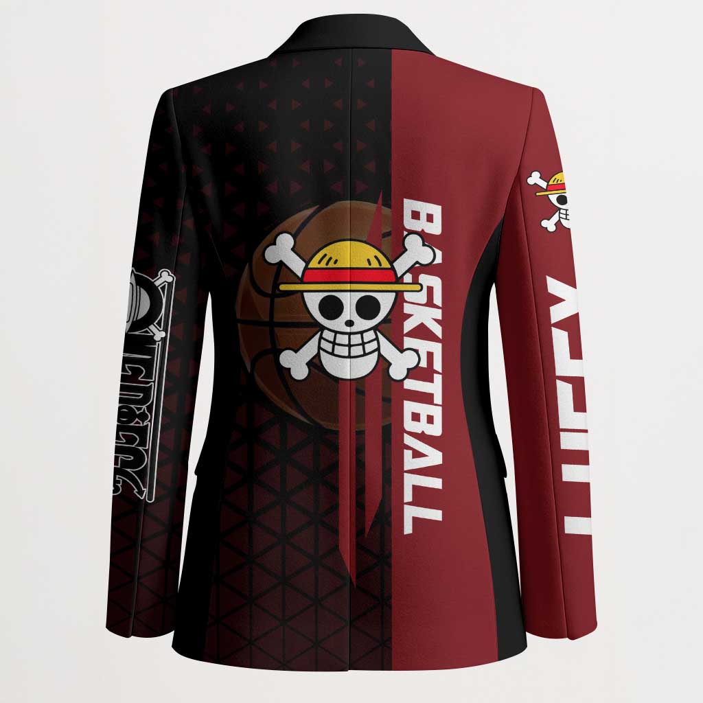 Luffy One Piece Basketball Theme Red and Black Design Blazer with Straw Hat Pirate Logo and Sports Pose - The Mazicc