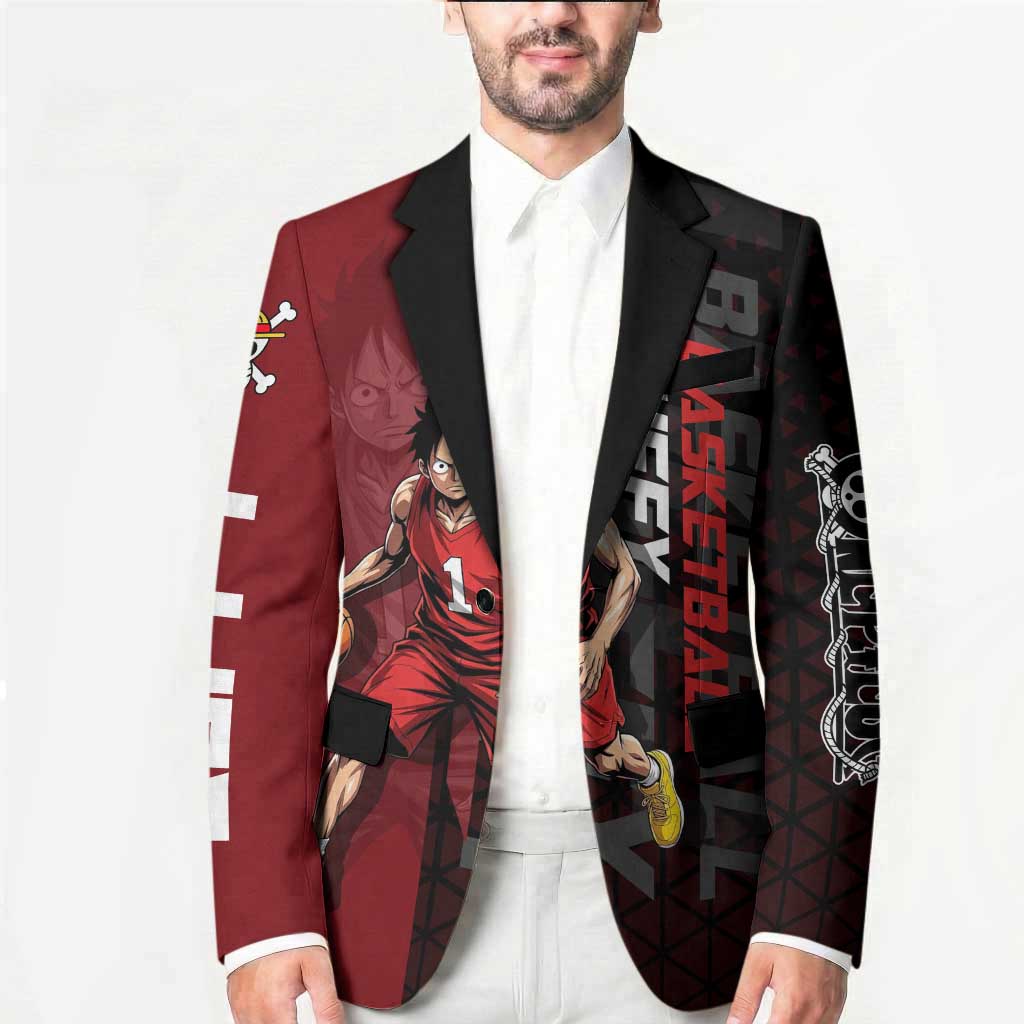 Luffy One Piece Basketball Theme Red and Black Design Blazer with Straw Hat Pirate Logo and Sports Pose - The Mazicc