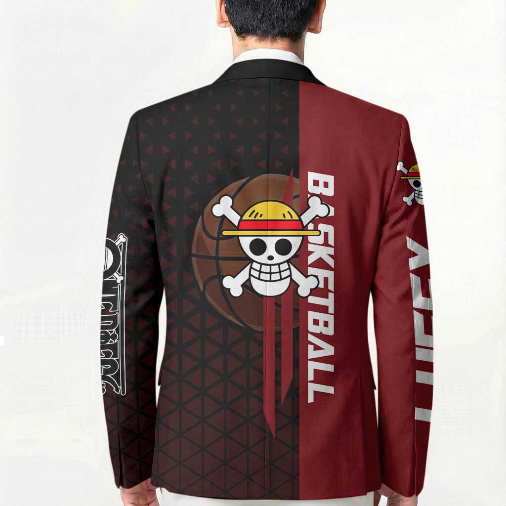 Luffy One Piece Basketball Theme Red and Black Design Blazer with Straw Hat Pirate Logo and Sports Pose - The Mazicc