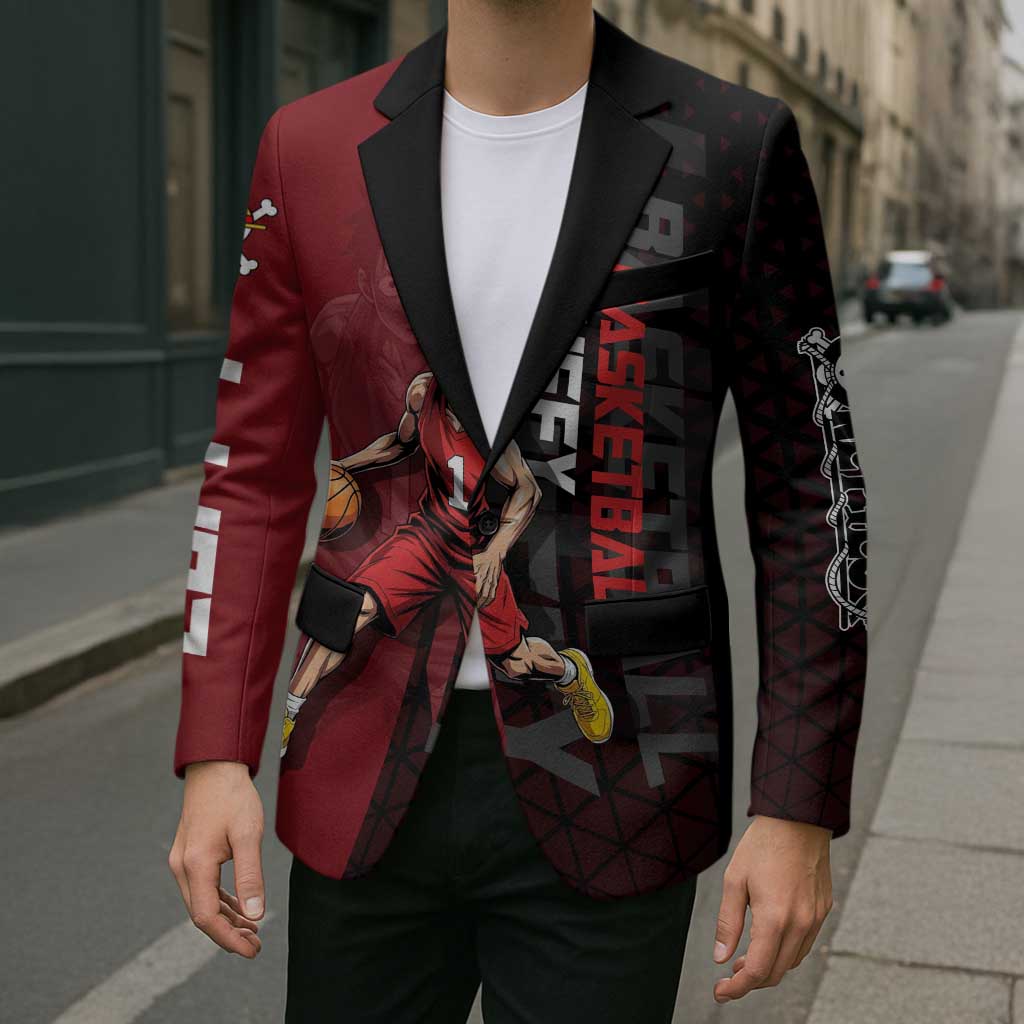 Luffy One Piece Basketball Theme Red and Black Design Blazer with Straw Hat Pirate Logo and Sports Pose - The Mazicc