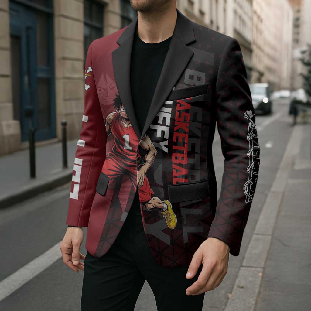 Luffy One Piece Basketball Theme Red and Black Design Blazer with Straw Hat Pirate Logo and Sports Pose - The Mazicc