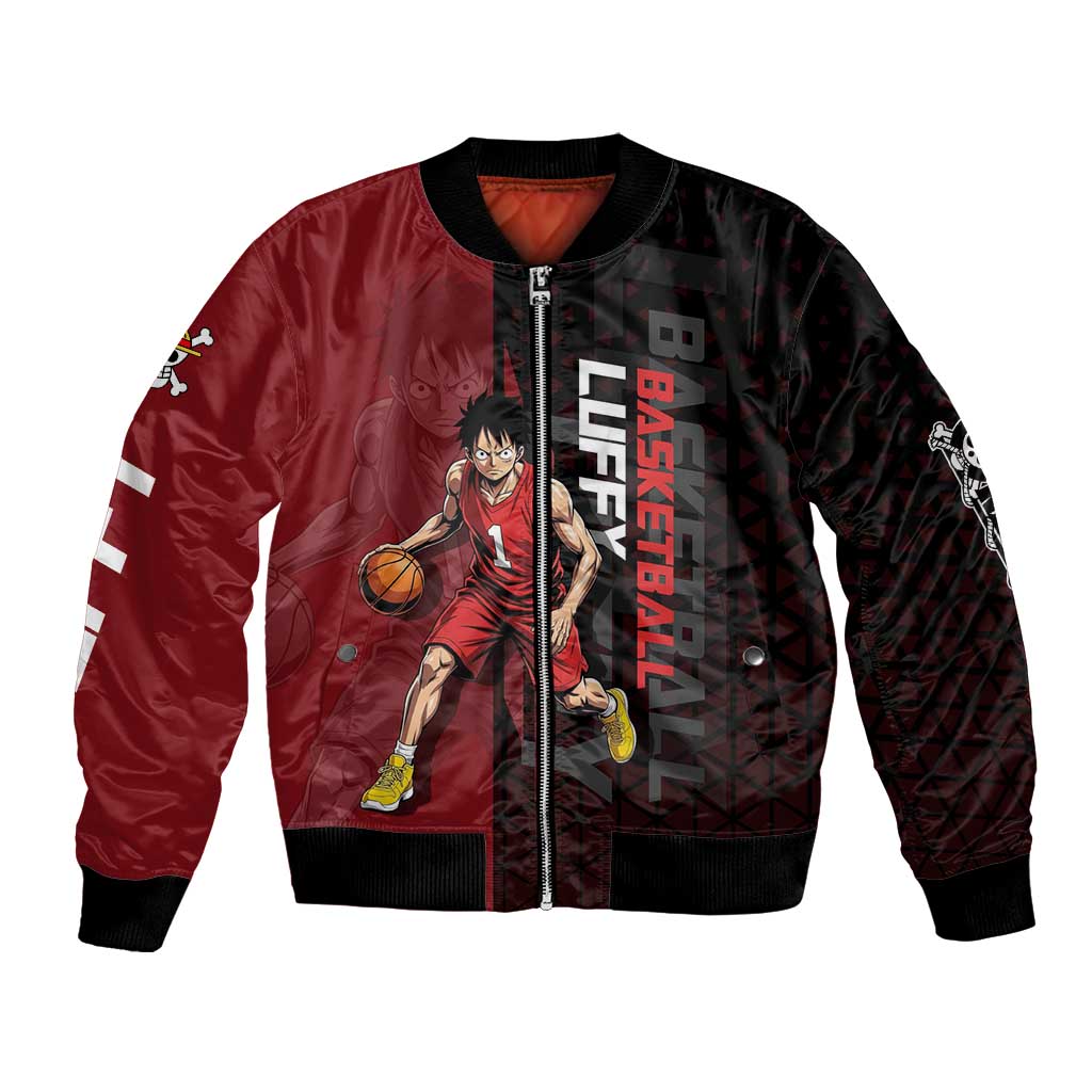 Luffy One Piece Basketball Theme Red and Black Design Bomber Jacket with Straw Hat Pirate Logo and Sports Pose - The Mazicc
