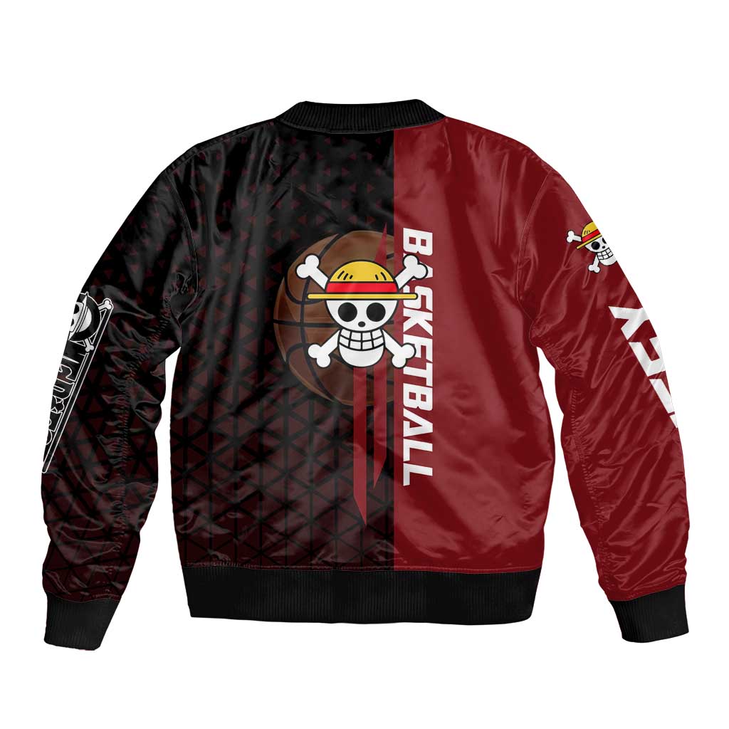 Luffy One Piece Basketball Theme Red and Black Design Bomber Jacket with Straw Hat Pirate Logo and Sports Pose - The Mazicc