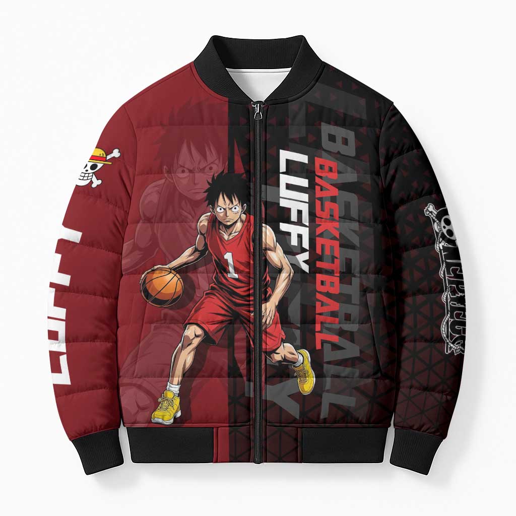 Luffy One Piece Basketball Theme Red and Black Design Bomber Puffer Jacket with Straw Hat Pirate Logo and Sports Pose - The Mazicc