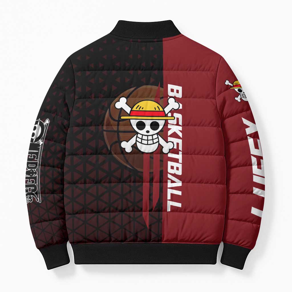 Luffy One Piece Basketball Theme Red and Black Design Bomber Puffer Jacket with Straw Hat Pirate Logo and Sports Pose - The Mazicc